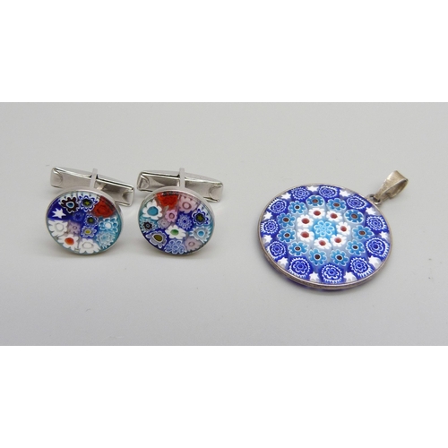 1001 - A silver mounted millefiori pendant and a pair of cufflinks