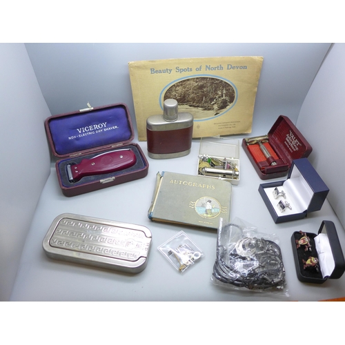 1022 - Vintage razors, whistle, watch charm, cufflinks, hip flask, tie pins