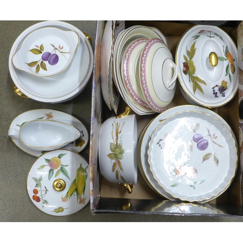 1026 - Royal Worcester Evesham table wares, Portland pottery tureens and two Yuletide bread and butter plat... 