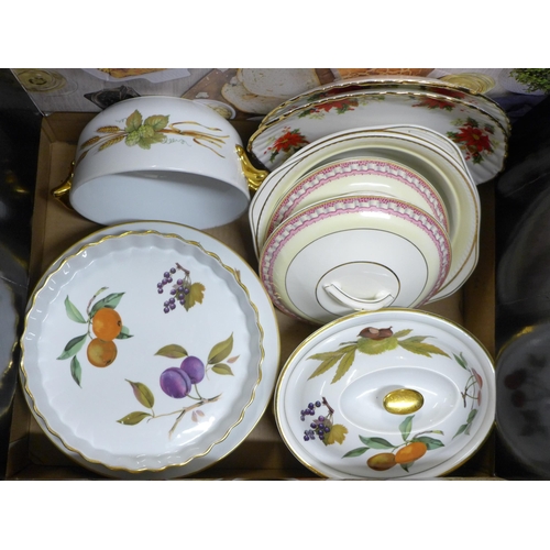 1026 - Royal Worcester Evesham table wares, Portland pottery tureens and two Yuletide bread and butter plat... 