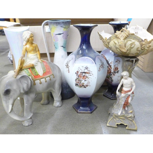 1030 - An Austrian centrepiece, Indian elephant and rider figure, 1960's vases and early 20th Century vases... 