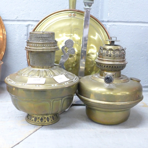 1038 - Two brass oil lamp bases, brass warming pan and an Art Deco chrome table lamp **PLEASE NOTE THIS LOT... 