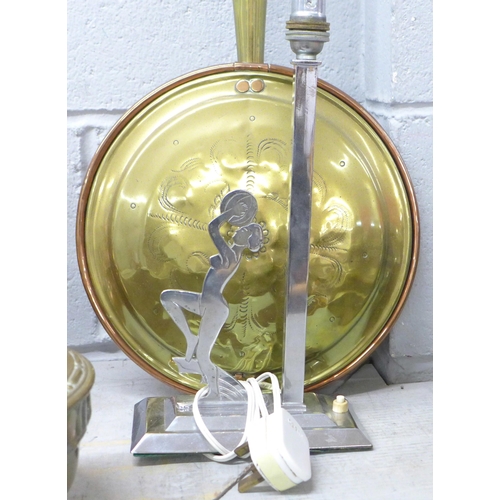 1038 - Two brass oil lamp bases, brass warming pan and an Art Deco chrome table lamp **PLEASE NOTE THIS LOT... 