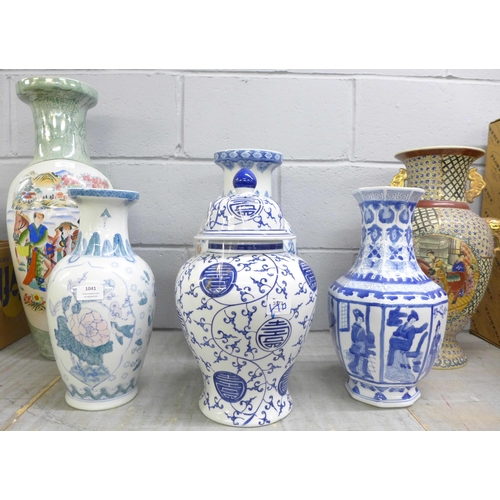 1041 - A collection of five large Oriental vases and  blue and white vase and cover **PLEASE NOTE THIS LOT ... 