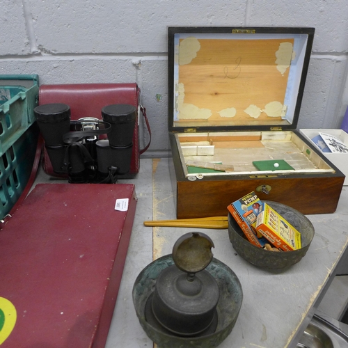 1045 - A ladys walnut workbox, pair of Bresser 7x5 binoculars, Scrabble and a Wedgwood vase **PLEASE NOTE T... 