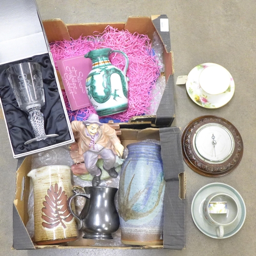 1048 - Two boxes of mixed china and glass including Minton, two stoneware vases, a wooden barometer and a R... 