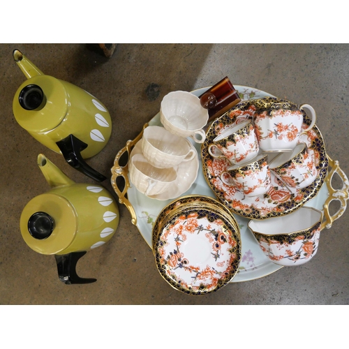 1075 - Mixed china including Royal Crown Derby, Limoges, two Catherine Home coffee pots and three Belleek t... 