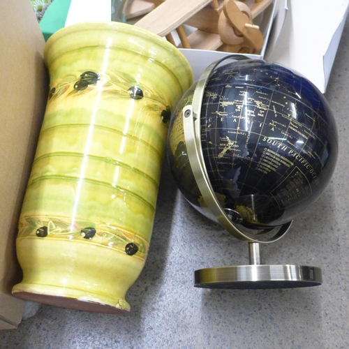 1076 - Assorted household items, terrestrial globe, large vase, pitcher, a Compton & Woodhouse wooden bi-pl... 