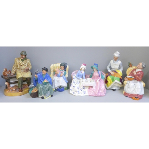 601 - A collection of six Royal Doulton figures including Sweet Dreams, Lunchtime, Eventide and Afternoon ... 