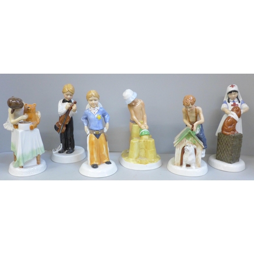 602 - A set of six Royal Doulton Childhood Days figures by Adrian Hughes including As Good As New, Stick '... 