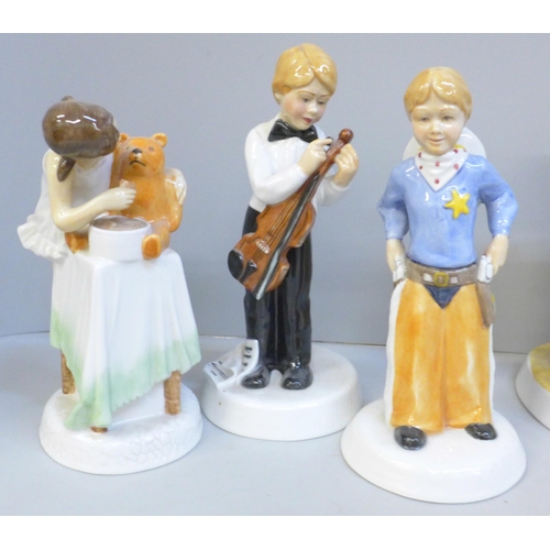 602 - A set of six Royal Doulton Childhood Days figures by Adrian Hughes including As Good As New, Stick '... 