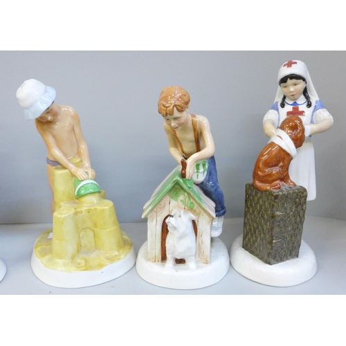 602 - A set of six Royal Doulton Childhood Days figures by Adrian Hughes including As Good As New, Stick '... 