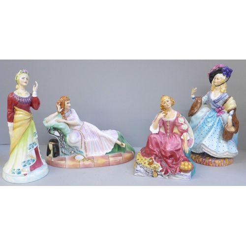 604 - A set of four Peggy Davies figures, The Illustrious Ladies of the Stage - Lillie Langtry, Nell Gwyn,... 