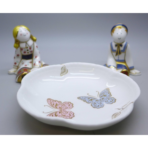 611 - Two Royal Crown Derby paperweights, Treasures of Childhood, Fleur and a Royal Butterfly pin dish