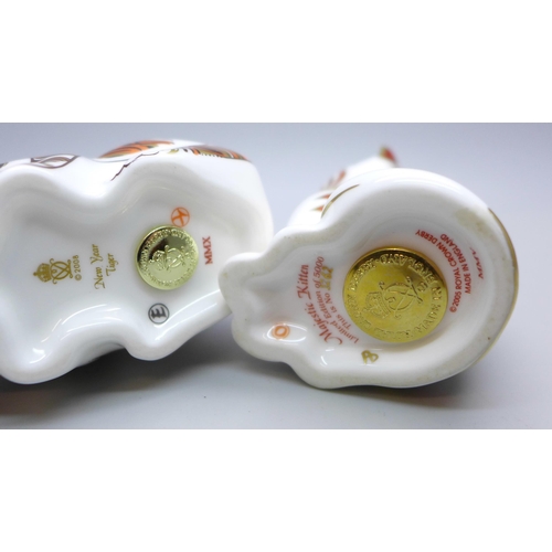 612 - Two Royal Crown Derby paperweights, Majestic Kitten limited edition with gold stopper and New Year T... 