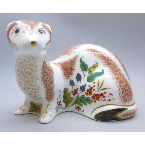 613 - A Royal Crown Derby Stoat paperweight with gold stopper