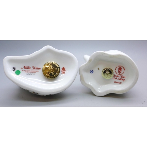 614 - Two Royal Crown Derby paperweights, Millie Kitten and Polar Bear Cub Sitting, both with gold stopper... 