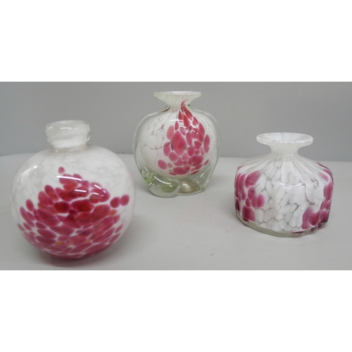 616 - Three Mdina glass vases/bottles, pink and white mottled glass