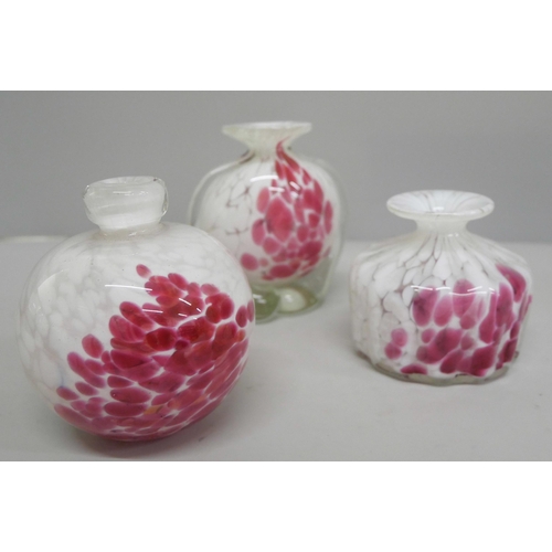 616 - Three Mdina glass vases/bottles, pink and white mottled glass