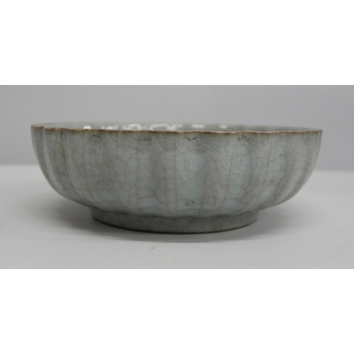 625 - A Chinese celadon wavy edge bowl, 15.5cm