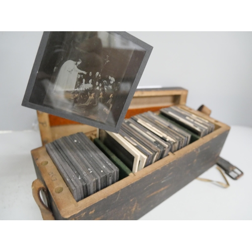 656 - A box of approximately 90  lantern slides including Horrors of Coal Mines, Beauty of Life, Covent Ga... 