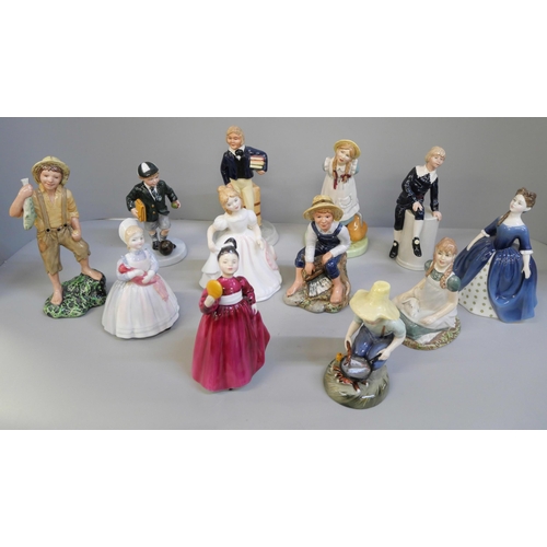 658 - Twelve Royal Doulton figures including Amanda, Debbie, Vanity, Tom Brown, Polyanna, etc.