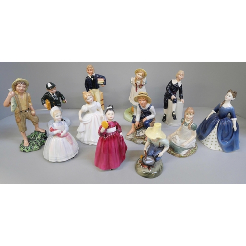 658 - Twelve Royal Doulton figures including Amanda, Debbie, Vanity, Tom Brown, Polyanna, etc.