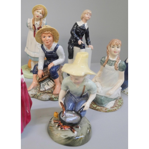 658 - Twelve Royal Doulton figures including Amanda, Debbie, Vanity, Tom Brown, Polyanna, etc.