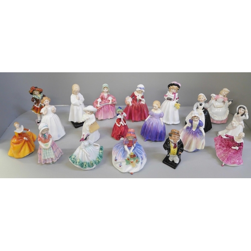 675 - Nineteen small Royal Doulton figures including Mother's Help, Cookie, Bo-Peep and Fragrance