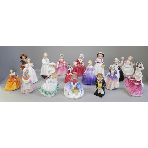 675 - Nineteen small Royal Doulton figures including Mother's Help, Cookie, Bo-Peep and Fragrance