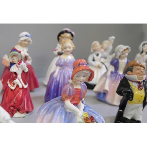 675 - Nineteen small Royal Doulton figures including Mother's Help, Cookie, Bo-Peep and Fragrance