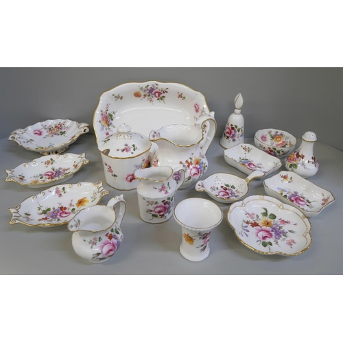 676 - A collection of Royal Crown Derby Derby Posies including bowl, three milk jugs, preserve pot, strain... 