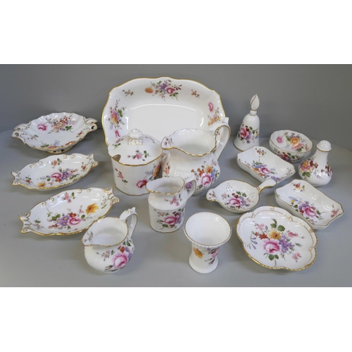 676 - A collection of Royal Crown Derby Derby Posies including bowl, three milk jugs, preserve pot, strain... 