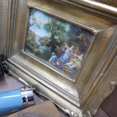 694 - A wooden warehouse pulley, Japanese telescope, gilt framed picture of a Regency scene, two bowler ha... 