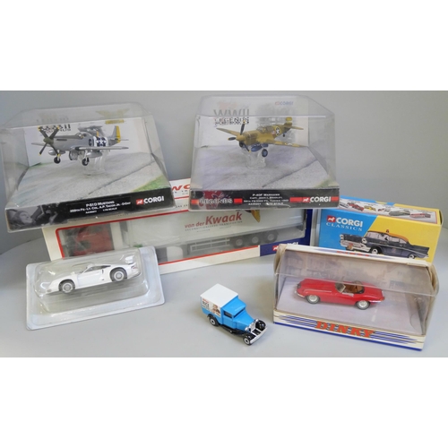 717 - Die-cast model vehicles including a limited edition Corgi lorry, two WWII Legends aircraft, Dinky an... 