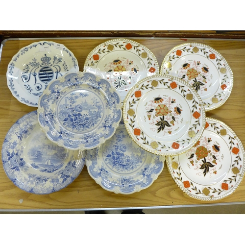 748 - A set of four Royal Crown Derby A962 pattern dinner plates, a pair of blue and white plates, Italian... 