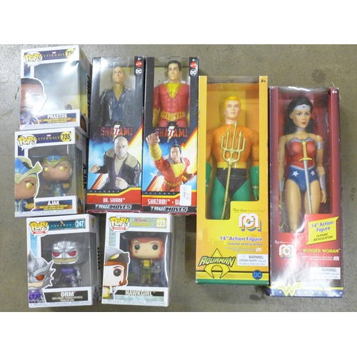 749 - Eight boxed figures, Wonder Woman, Aquaman, Shazam!, Dr Sivana and Four Pop Heroes