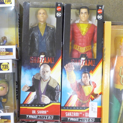 749 - Eight boxed figures, Wonder Woman, Aquaman, Shazam!, Dr Sivana and Four Pop Heroes