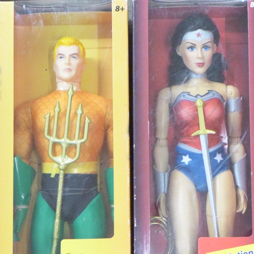 749 - Eight boxed figures, Wonder Woman, Aquaman, Shazam!, Dr Sivana and Four Pop Heroes