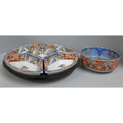 775 - A South East Asian hors d'oeuvres set with lazy Susan and an Oriental bowl