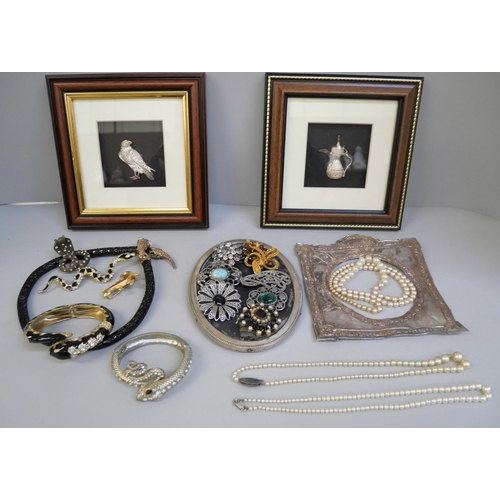 805 - Two Saudi Arabian silver collection pictures, framed and boxed, a silver picture frame front (a/f), ... 