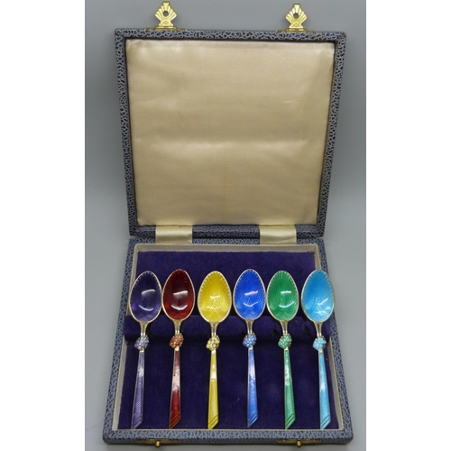 816 - A set of six guilloche enamel silver spoons, T&S, Birmingham 1972