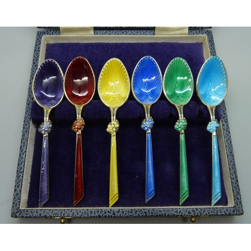 816 - A set of six guilloche enamel silver spoons, T&S, Birmingham 1972