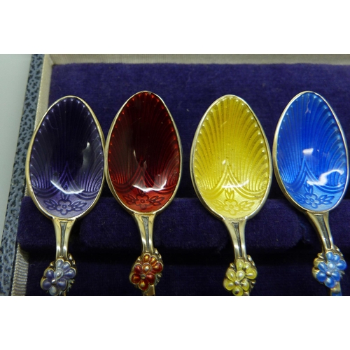 816 - A set of six guilloche enamel silver spoons, T&S, Birmingham 1972