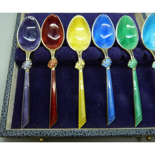 816 - A set of six guilloche enamel silver spoons, T&S, Birmingham 1972