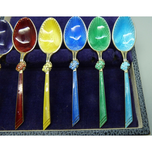 816 - A set of six guilloche enamel silver spoons, T&S, Birmingham 1972