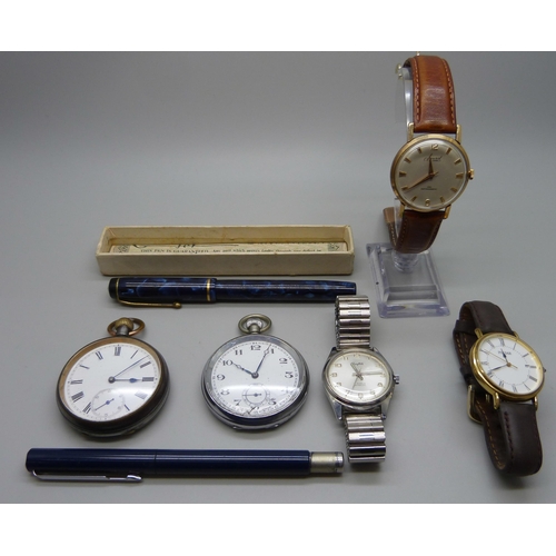 819 - A 9ct gold cased Accurist wristwatch, other wristwatches and pocket watches, and two fountain pens i... 