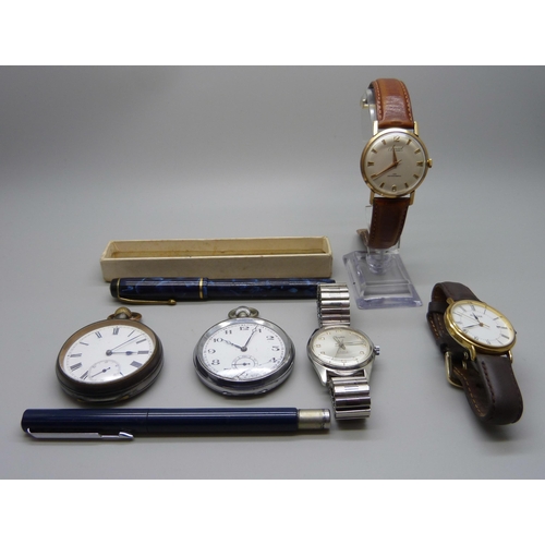 819 - A 9ct gold cased Accurist wristwatch, other wristwatches and pocket watches, and two fountain pens i... 