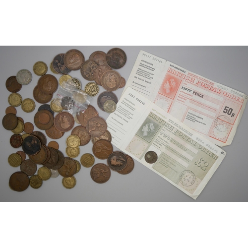 838 - An 1844 Queen Victoria farthing, 1879 penny, 3 x 1936 pennies, 1899, 1902 and 1910 pennies, 21 x thr... 