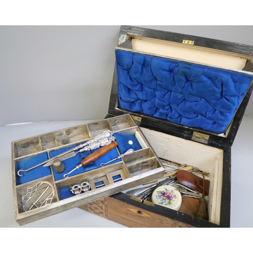 840 - A lady's 19th Century sewing box containing plated and other items, together with three small silver... 